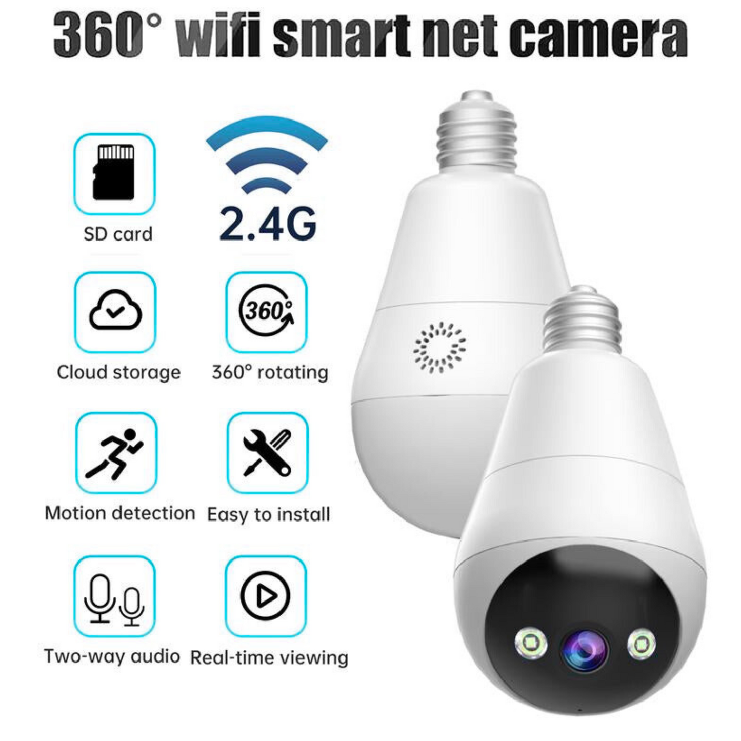 Cameras for Home, 2K Light Bulb Security Camera Full-Color Night Vision, Two-Way Audio, Motion Detection, Free E27 Lamp Holder, Support 2.4G Connection